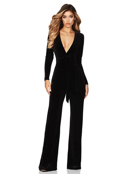 Re Velvet Elastic Slim Jumpsuit Deep V-belt Jumpsuit Korean Long Sleeved Jumpsuit Autumn Winter