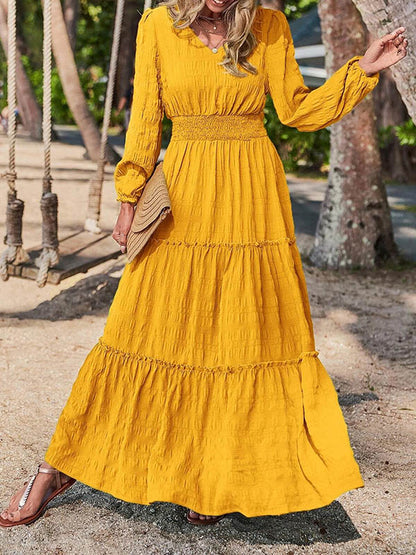 A-line Long Sleeves Elasticity Color Split-joint V-neck Maxi Dresses