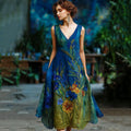 Vintage Floral Embroidered Flowy V Neck Midi Dress