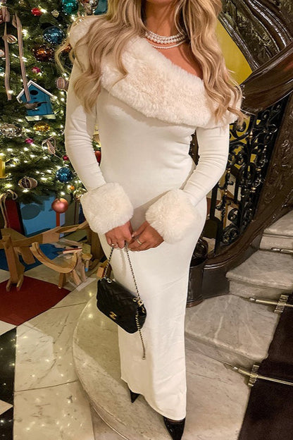 Fur Collar Paneled Asymmetric Neckline Maxi Dress