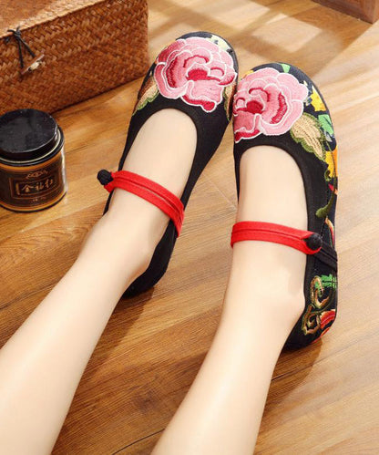 Green Flat Shoes Embroideried Comfy Cotton Fabric Buckle Strap Flat Shoes for