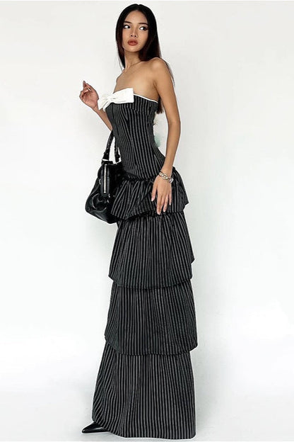 Striped Ruffle Hem Strapless Maxi Dress