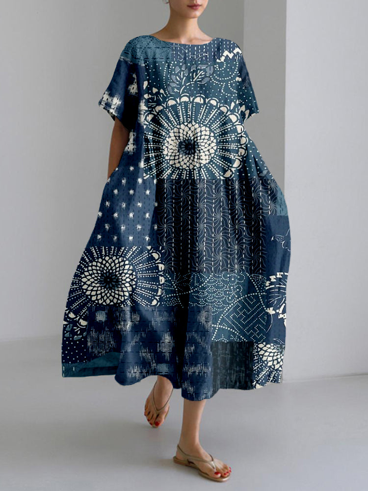 Vintage Japanese Patchwork Pattern Linen Blend Maxi Dress