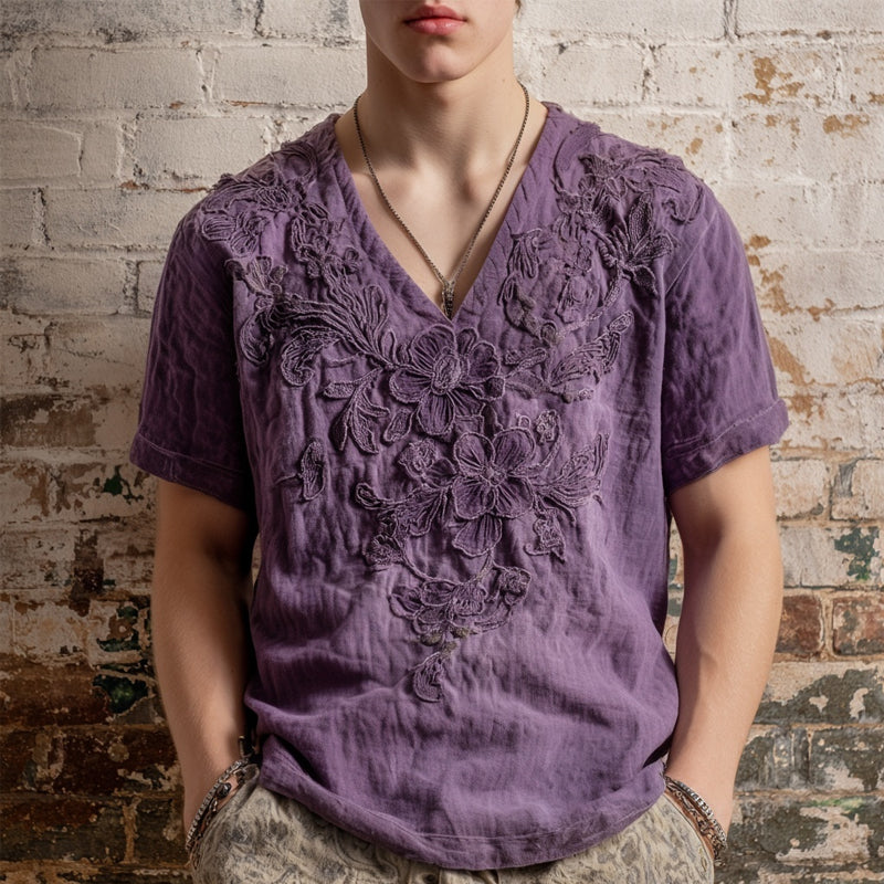 Men's Lace Floral Embroidered V Neck Linen Shirt elevenforest