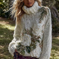 Women's Vintage White Rose Knitted Warm Turtleneck Sweater artswardrobe