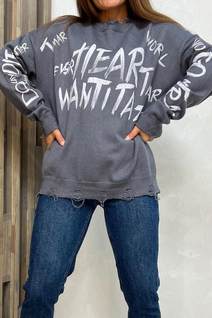 Loose Graffiti Letter Print Mid-length Knit Sweater