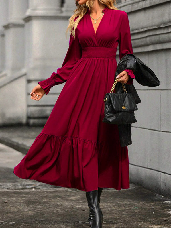 A-line Flared Sleeves Elasticity Pleated Color V-neck Midi Dresses