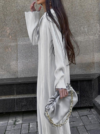 Long Sleeves Loose Pleated Color Round-neck Maxi Dresses