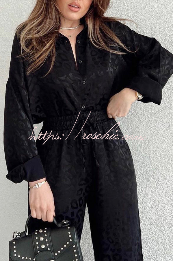 Leopard Print Jacquard Long Sleeved Shirt With Elastic Waist and Pant Two Piece Set