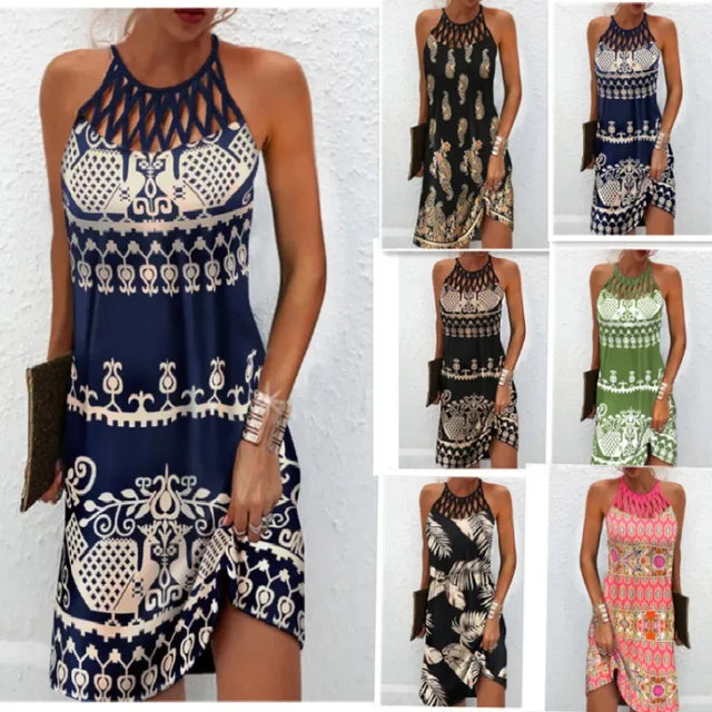 Print Halter Neck Mini Dresses Summer New Hollow Out O Neck Sleeveless Dress Lady Commuting Short Vestidos