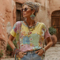 Women's Bohemian Daisy Embroidery Patchwork Art Round Neck Linen Blend T-shirt elevenforest