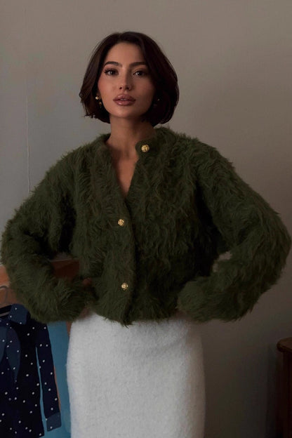 Color Button-up Faux Fur Knit Sweater