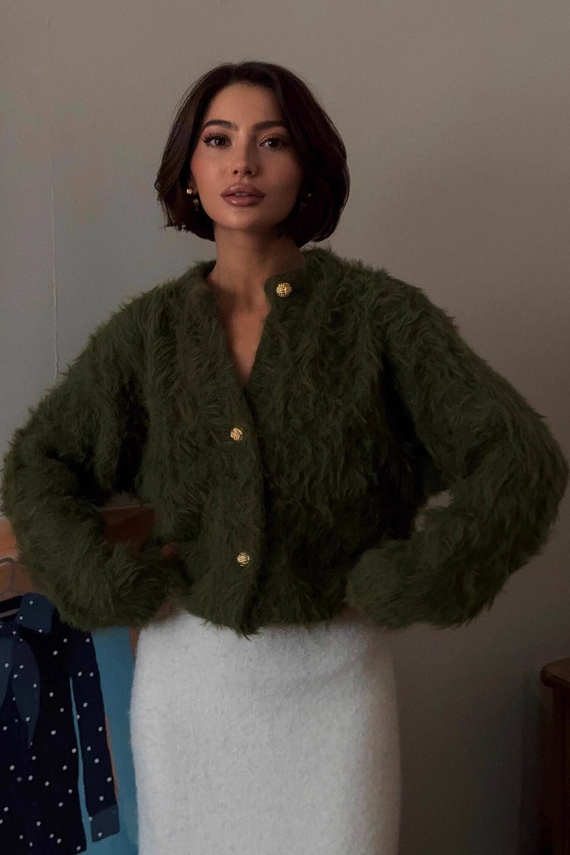 Color Button-up Faux Fur Knit Sweater