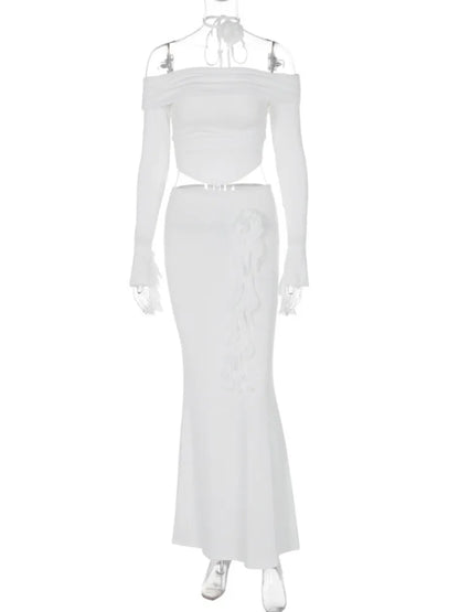 Winter New Long Sleeved Half Skirt Set for Woman 3d Flower Slim Tight Long Skirt Party Evening Dress Two Piece Set