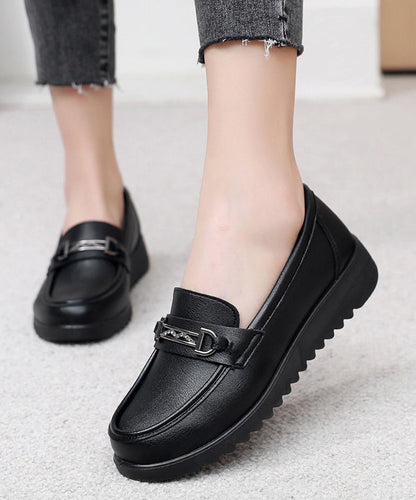 Black Cowhide Leather Splicing Flat Feet Shoes