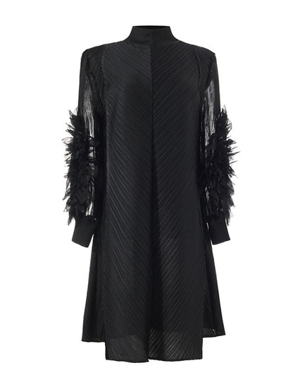 Long Sleeves Loose Embroidered Pleated Color Round-neck Midi Dresses