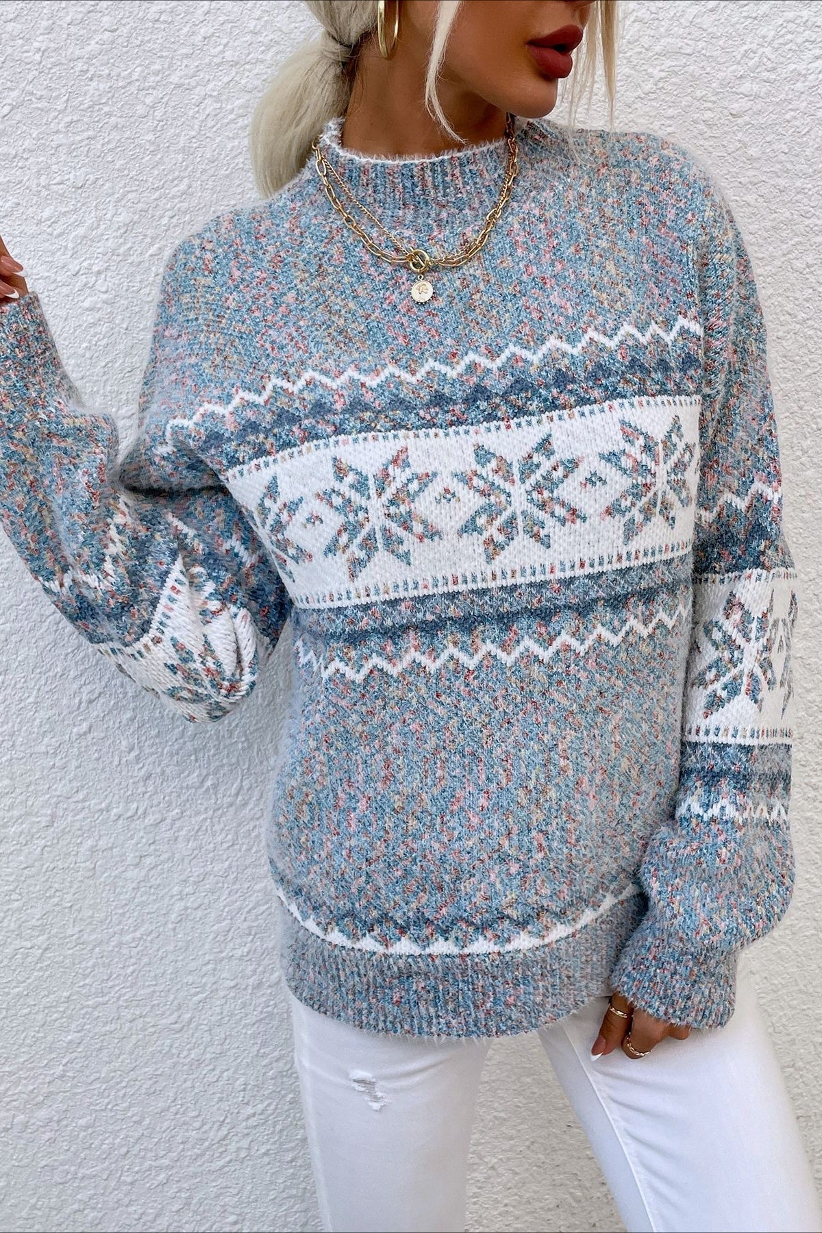 Knit Half-high Neck Snowflake Pullover Sweater