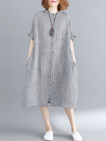Artistic Retro Loose Split-joint Plaid Buttoned Stand Collar Half Sleeves Midi Dress
