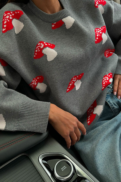 Mushroom Pattern Loose Round Neck Knitted Sweater