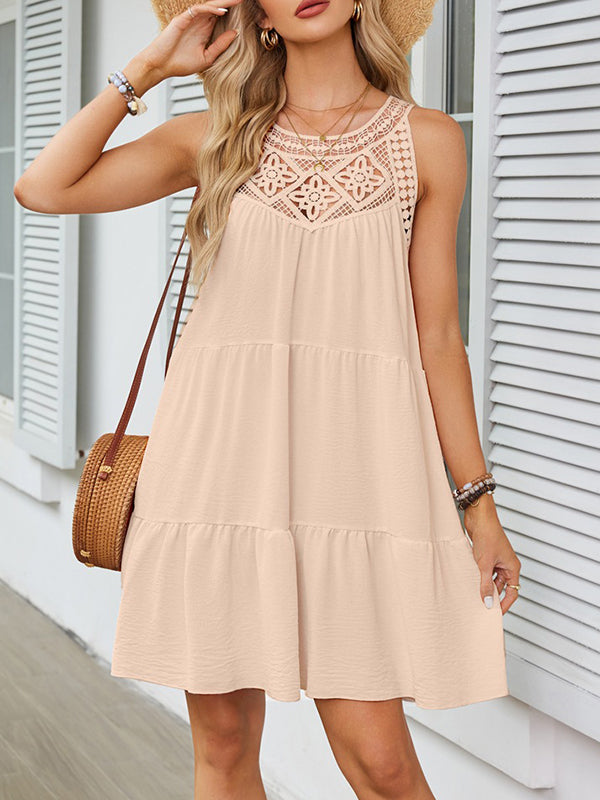 A-line Loose Hollow Pleated Color Split-joint Round-neck Mini Dresses