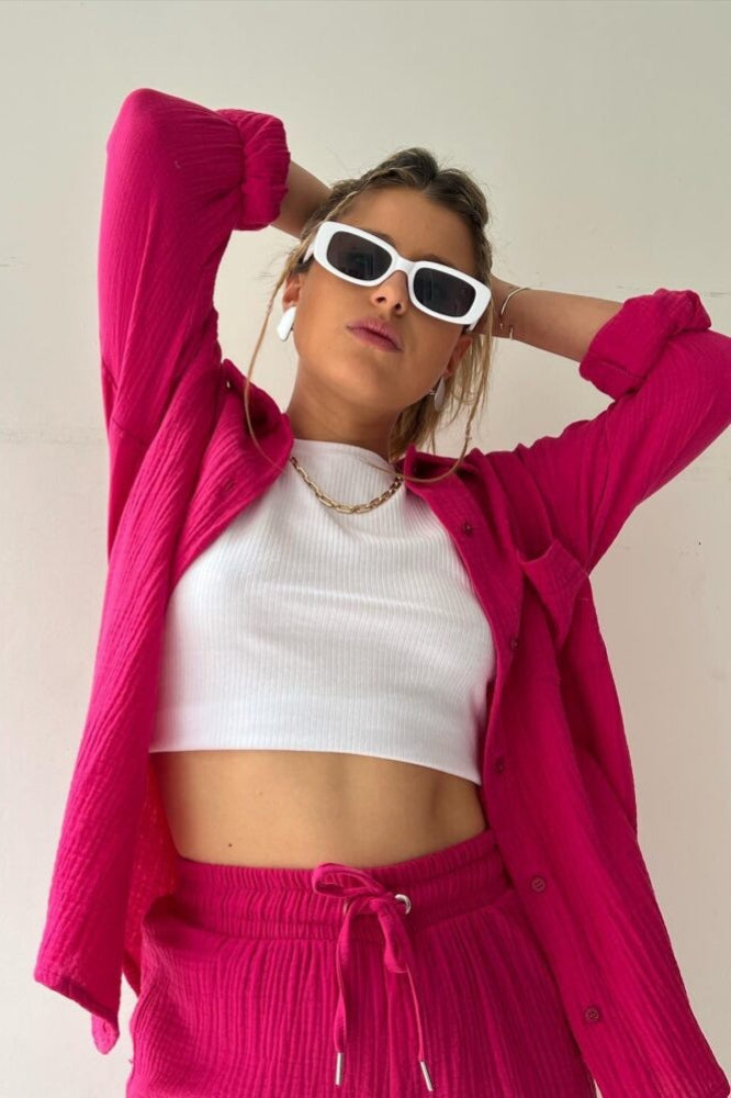 Textured Lapel Long Sleeve Top High Waist Shorts Set