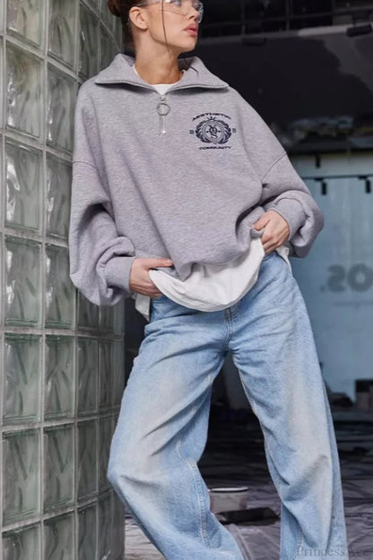 Fleece-lined Letter Embroidery Stand Collar Half-zip Sweatshirts