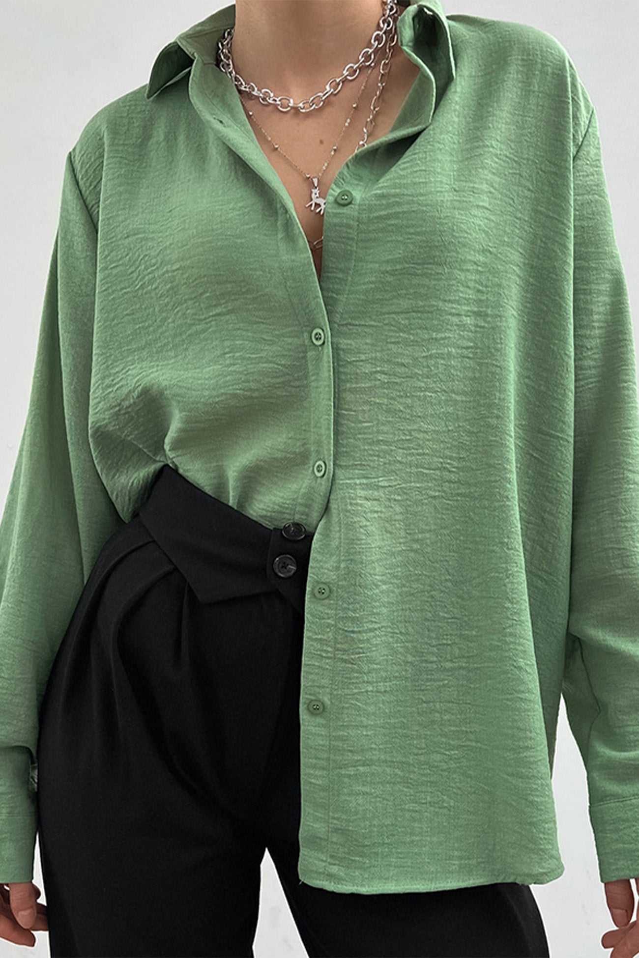 Color Lapel Long Sleeve Button-up Blouse