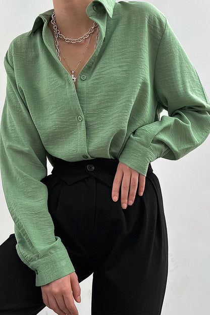Color Lapel Long Sleeve Button-up Blouse