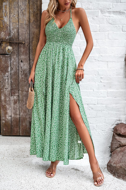 Renata Halter Neck Spotted Tie Back Maxi Dress - Green
