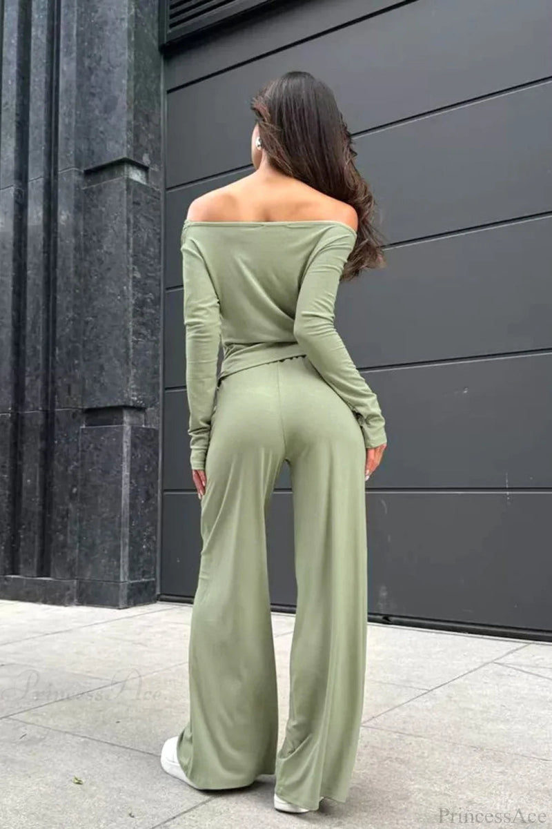 Gray Knit Off-the-shoulder High Waist Wide Leg Two Piece Set