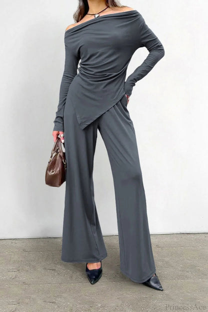 Gray Knit Off-the-shoulder High Waist Wide Leg Two Piece Set