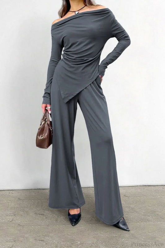 Gray Knit Off-the-shoulder High Waist Wide Leg Two Piece Set