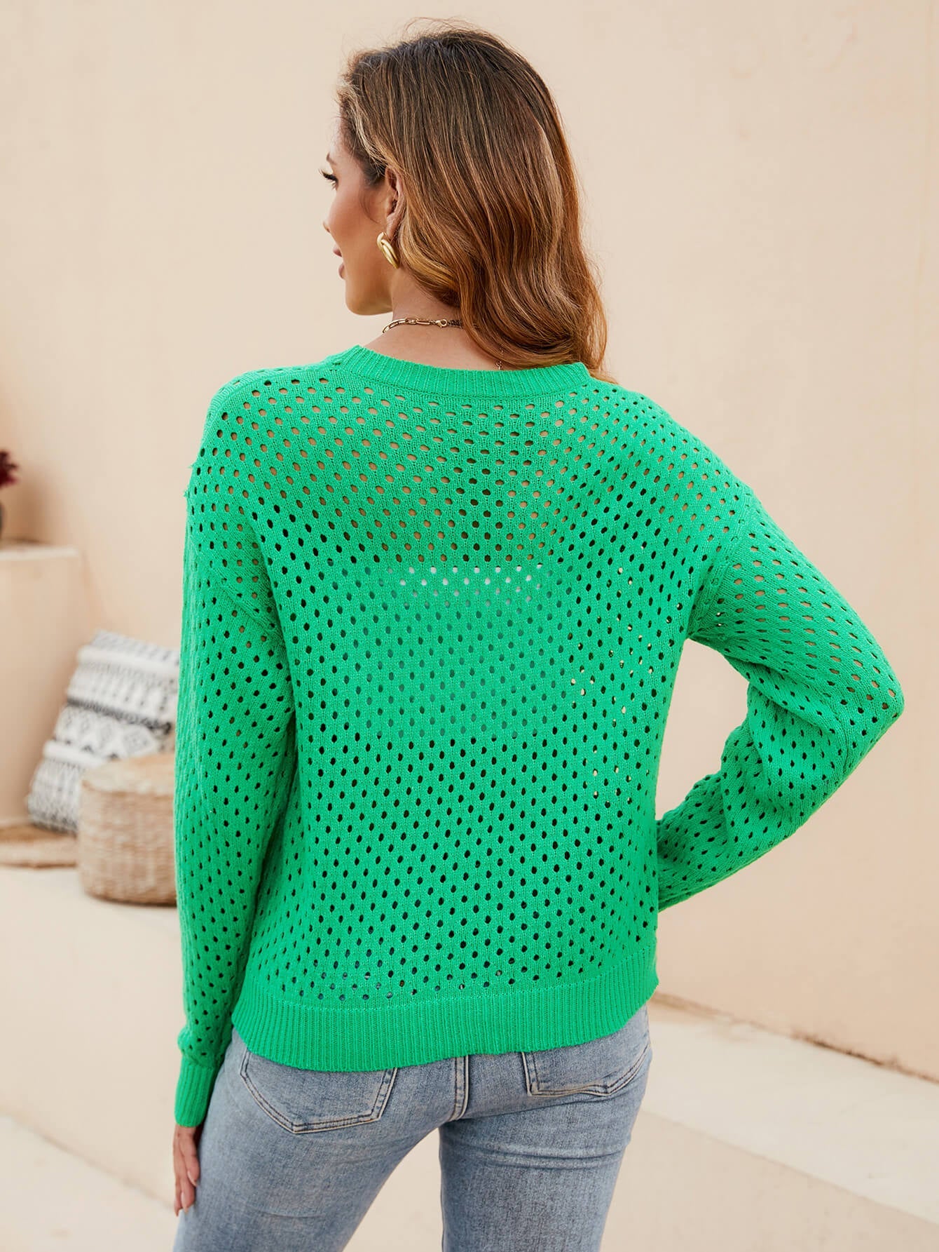 Izzy Crochet Knit Pullover Sweater - Green