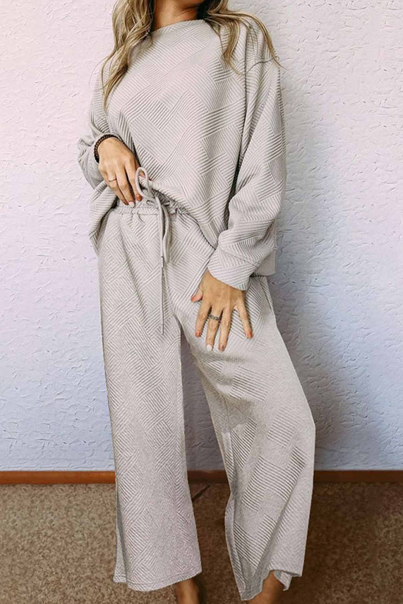 Color Long Sleeve Long Pant Textured Set