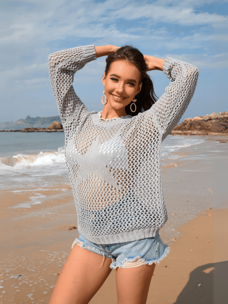 Vacation Star Cover-up Crochet Knit Sweater - Grey
