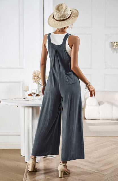 Linette Wide Leg Linen Overalls - Grey