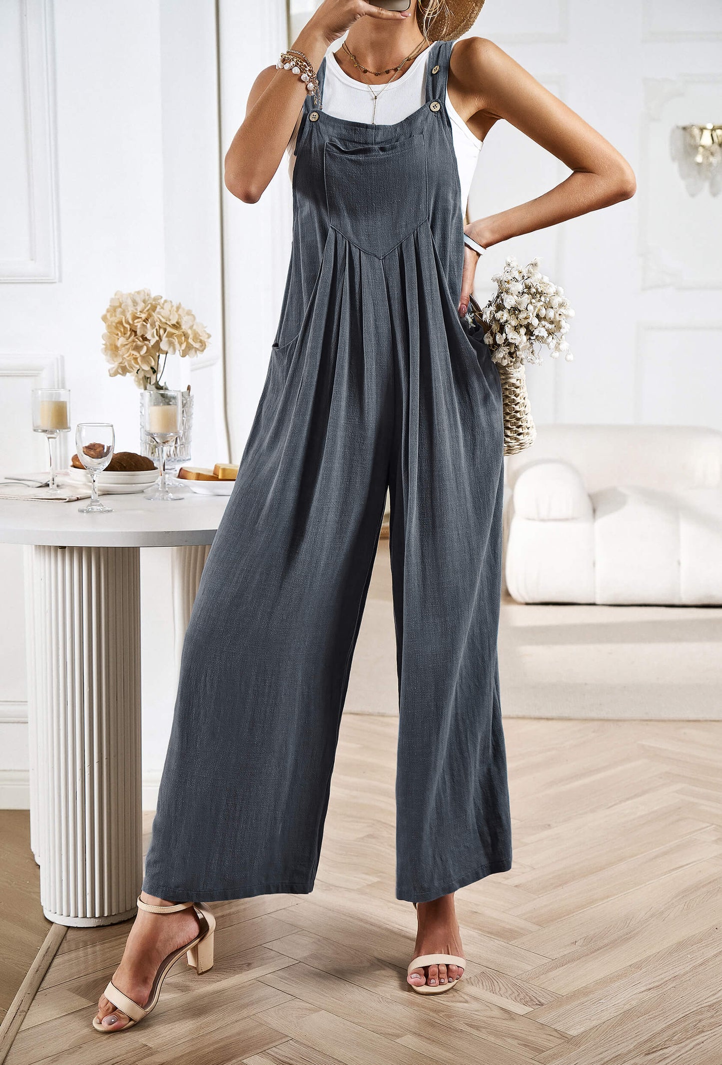 Linette Wide Leg Linen Overalls - Grey