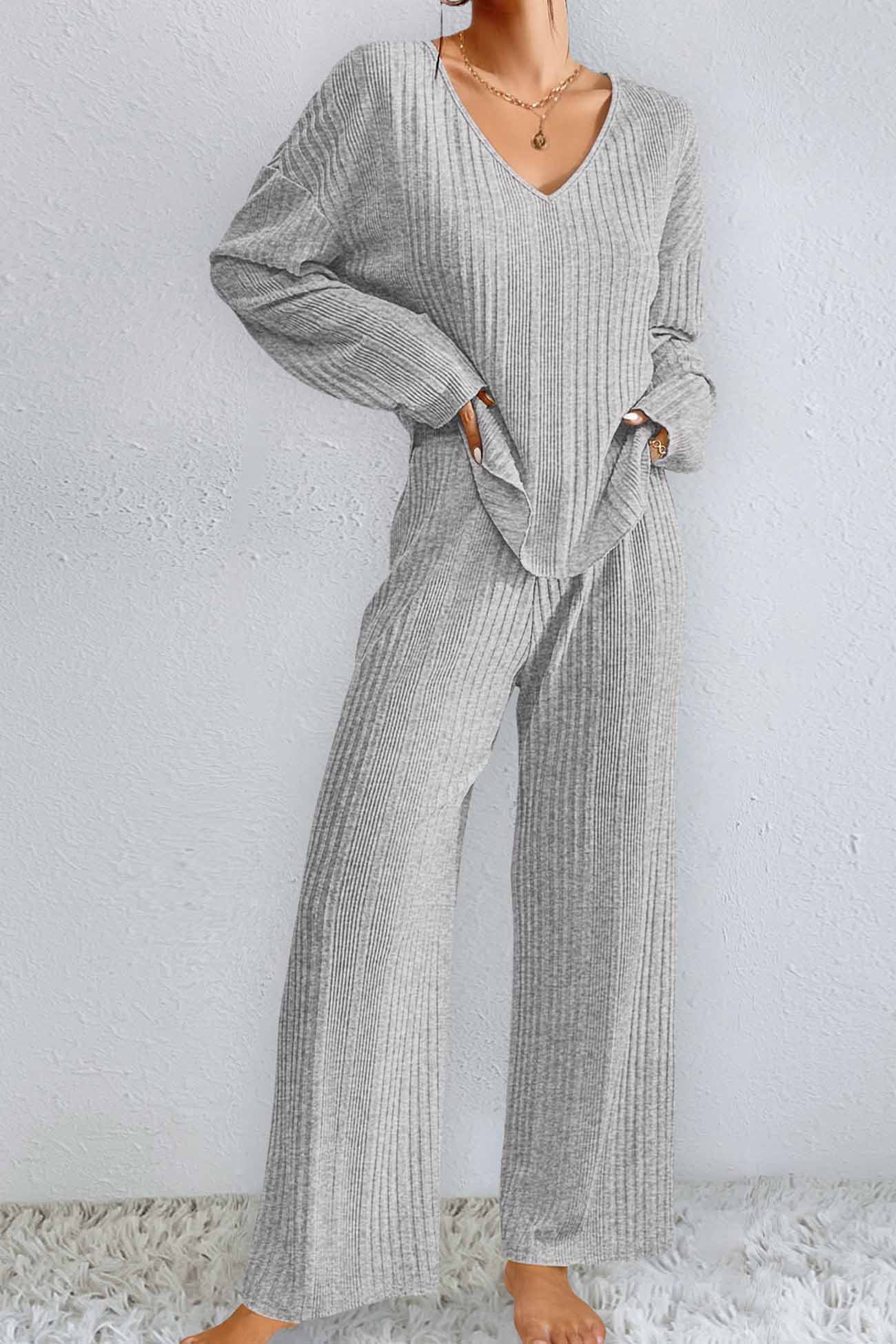 V Neck Ribbed Long Sleeve Two-piece Set