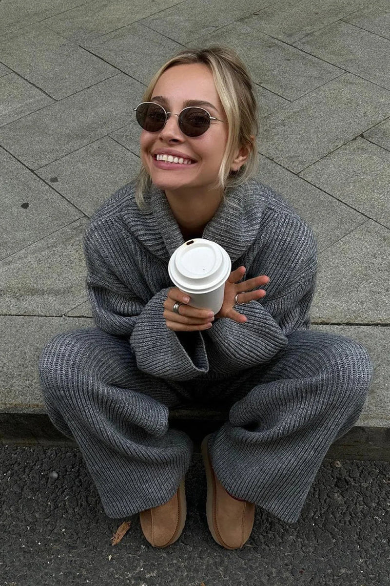Half-zip Knit Collared Long Sleeve Wide Leg Two Piece Set