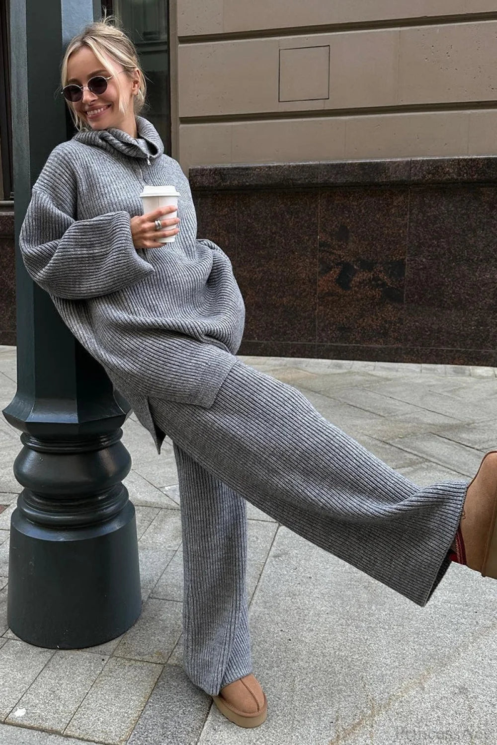 Half-zip Knit Collared Long Sleeve Wide Leg Two Piece Set