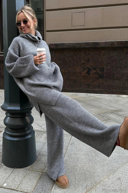 Half-zip Knit Collared Long Sleeve Wide Leg Two Piece Set