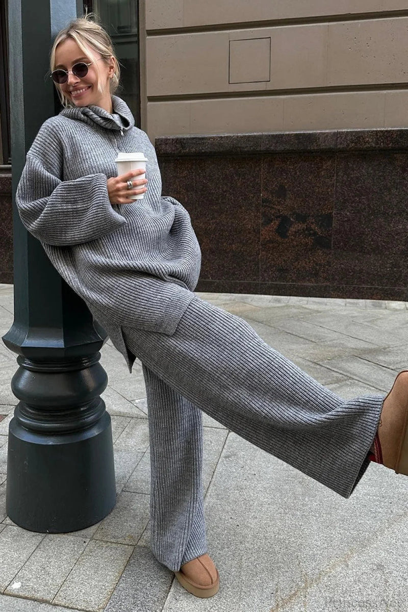 Half-zip Knit Collared Long Sleeve Wide Leg Two Piece Set