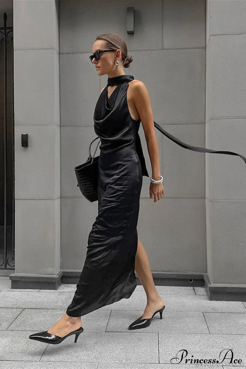 Halter Draped Satin Curvy Maxi Dress