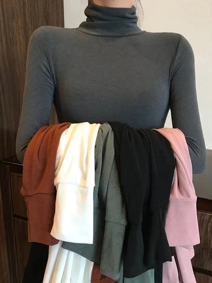 Harajuku Black White Turtleneck Female T-shirts Autumn Long Sleeve T Shirt Slim Basic Tee Top