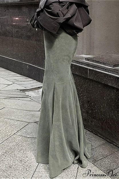 High Waist Slim Green Silver Fox Fur Mermaid Skirt