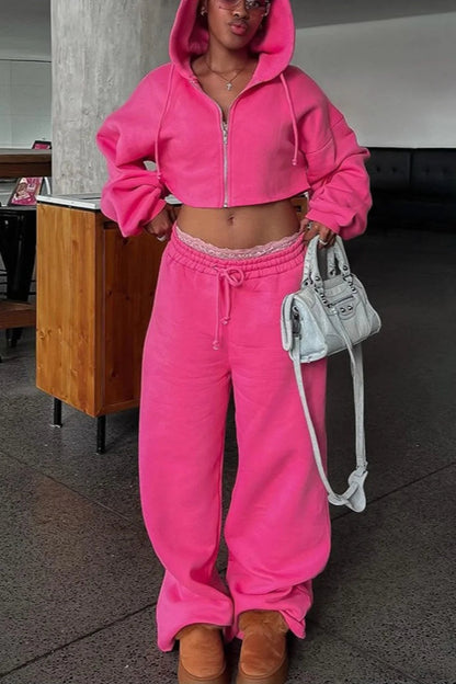 Hooded Zipper Cropped Slim Fit Two Piece Set