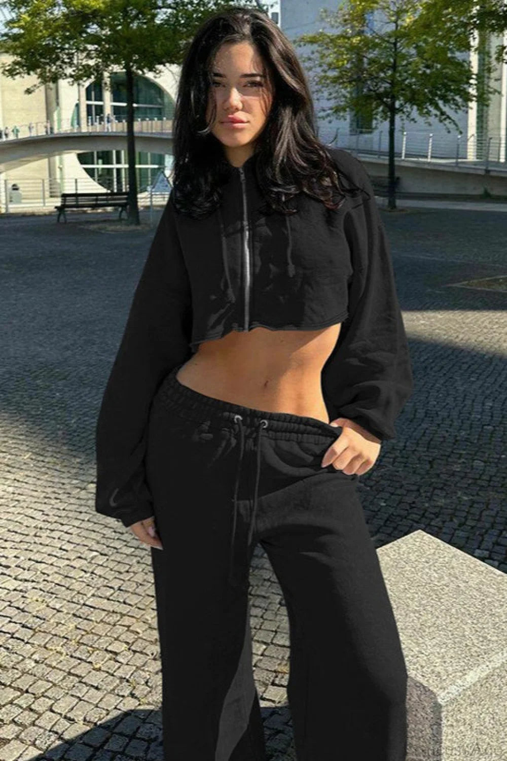 Hooded Zipper Cropped Slim Fit Two Piece Set