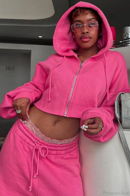 Hooded Zipper Cropped Slim Fit Two Piece Set