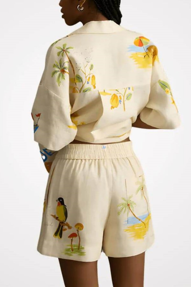 Unique Holiday Folk Print Loose Shorts Two-piece Set