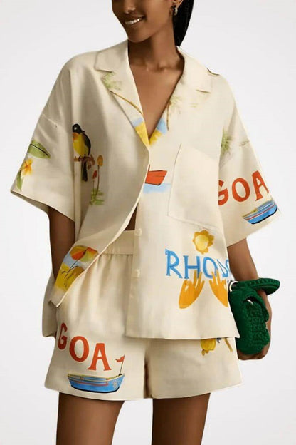 Unique Holiday Folk Print Loose Shorts Two-piece Set